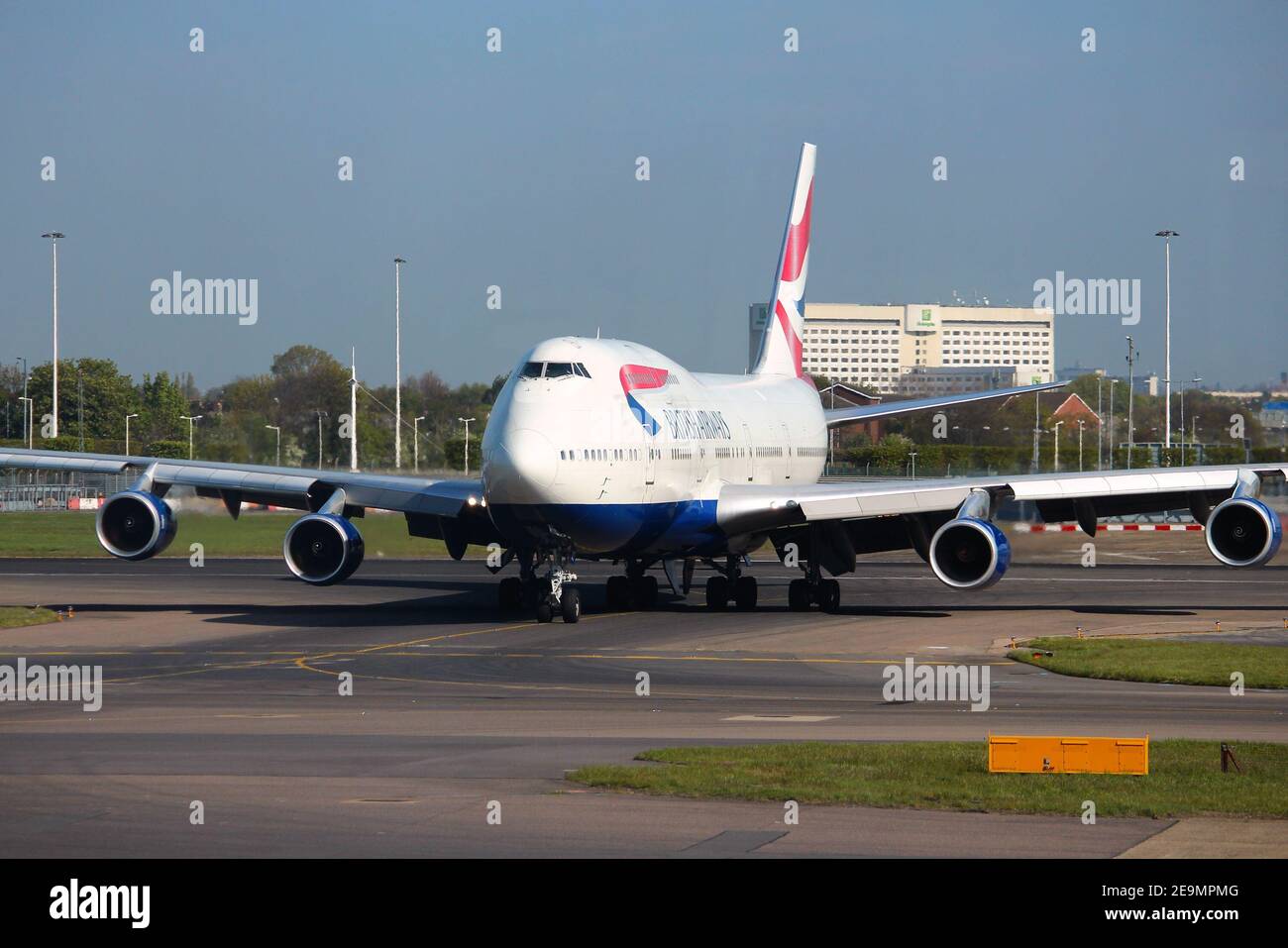 LONDON, UK - APRIL 16, 2014: British Airways Boeing 747 after landing at London Heathrow airport. BA operates fleet of 283 aircraft (largest in the UK Stock Photo