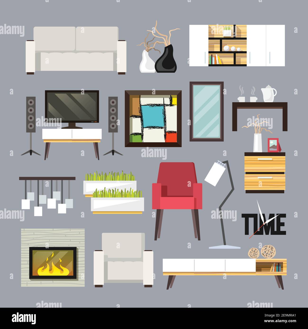 Living room furniture decorative icons set with sofa bookshelf tv table ...