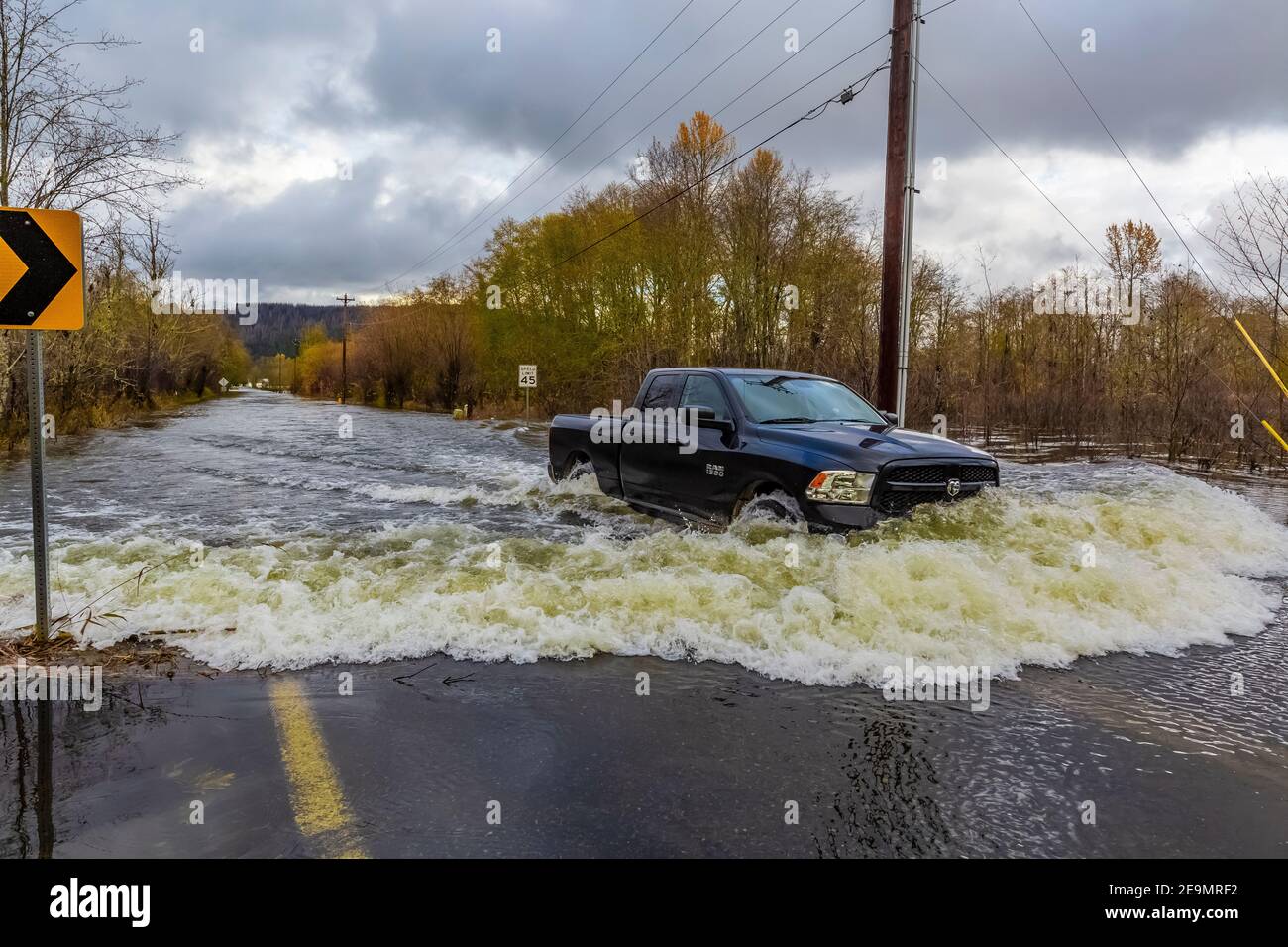 Pickup truck on road through Skokomish Valley during late autumn flood