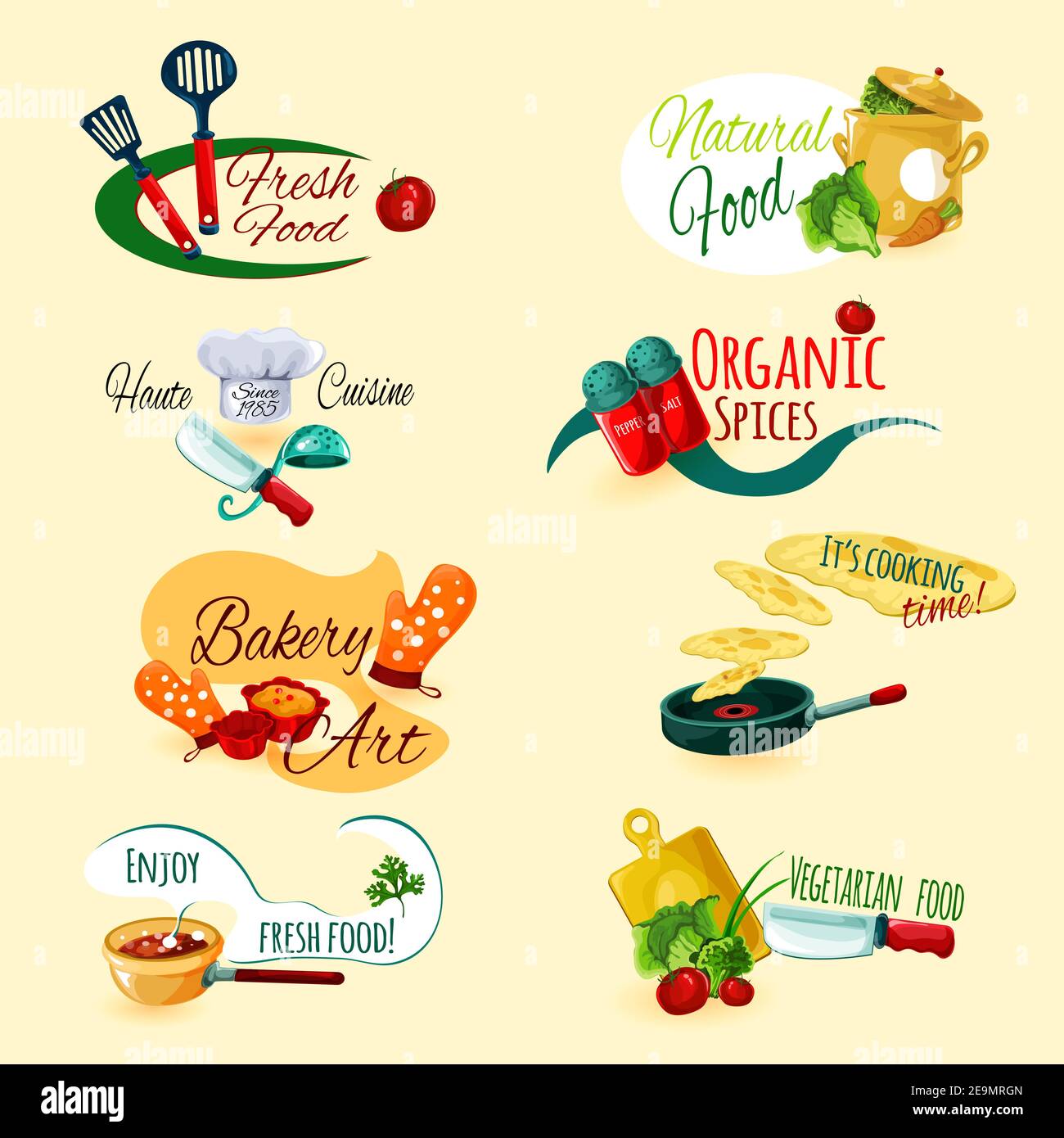 Fresh natural food organic spices cooking and baking emblems set isolated vector illustration Stock Vector