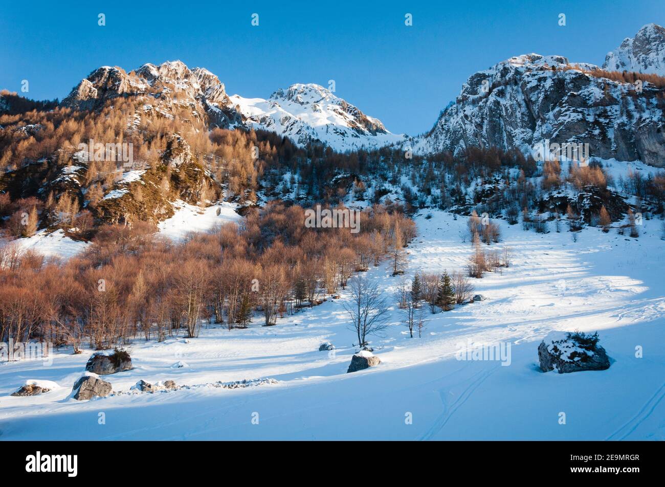 Alpago Mountain Range, Italy.  Snow capped rocky peacks during a ski mountaineering trip. Stock Photo