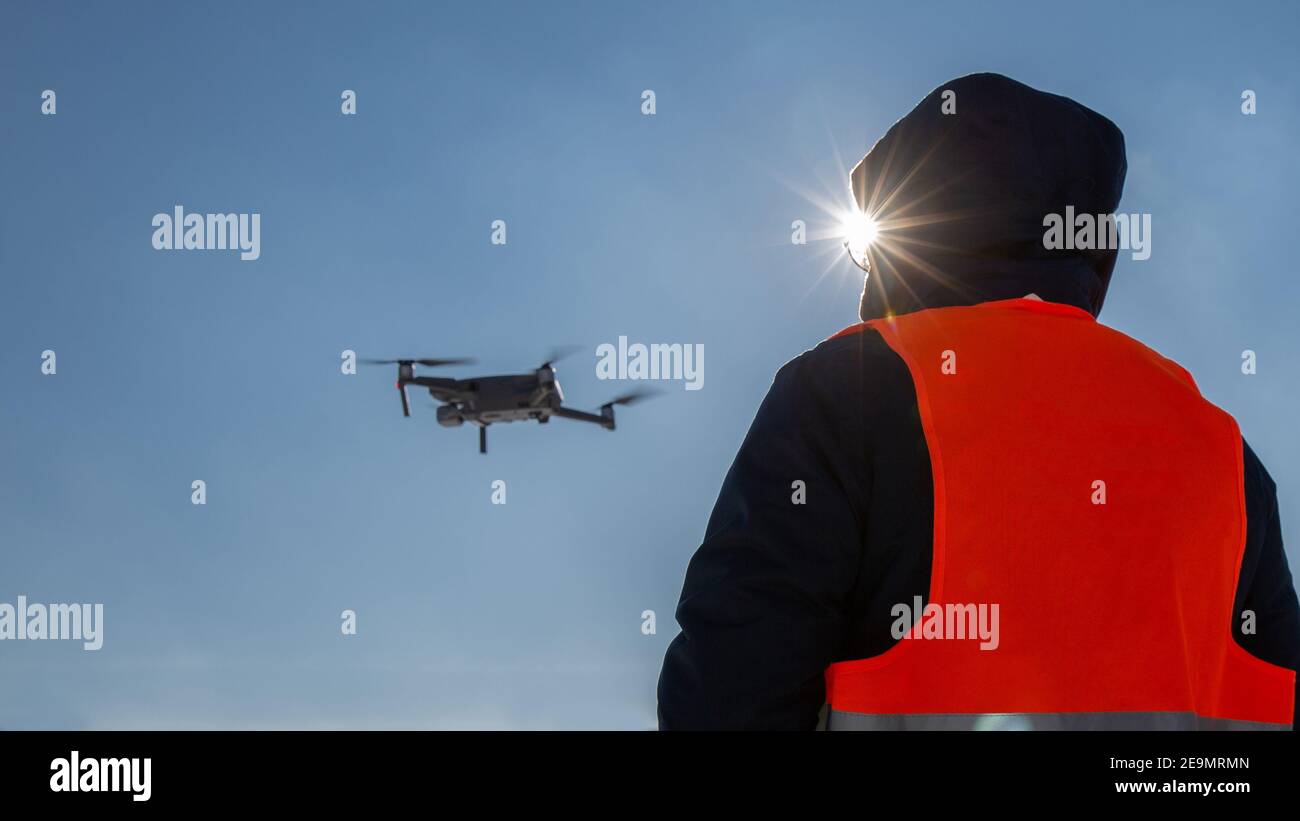 Drone flying in the blue sky. drone pilot, UAV , Multirotor
