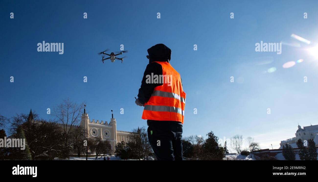 Drone flying in the blue sky. drone pilot, UAV , Multirotor