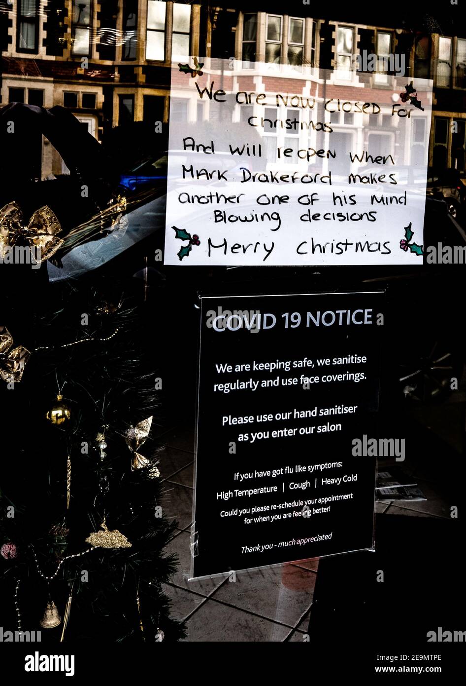 Humorous shop sign about Mark Drakeford, Welsh Government, Wales Stock Photo