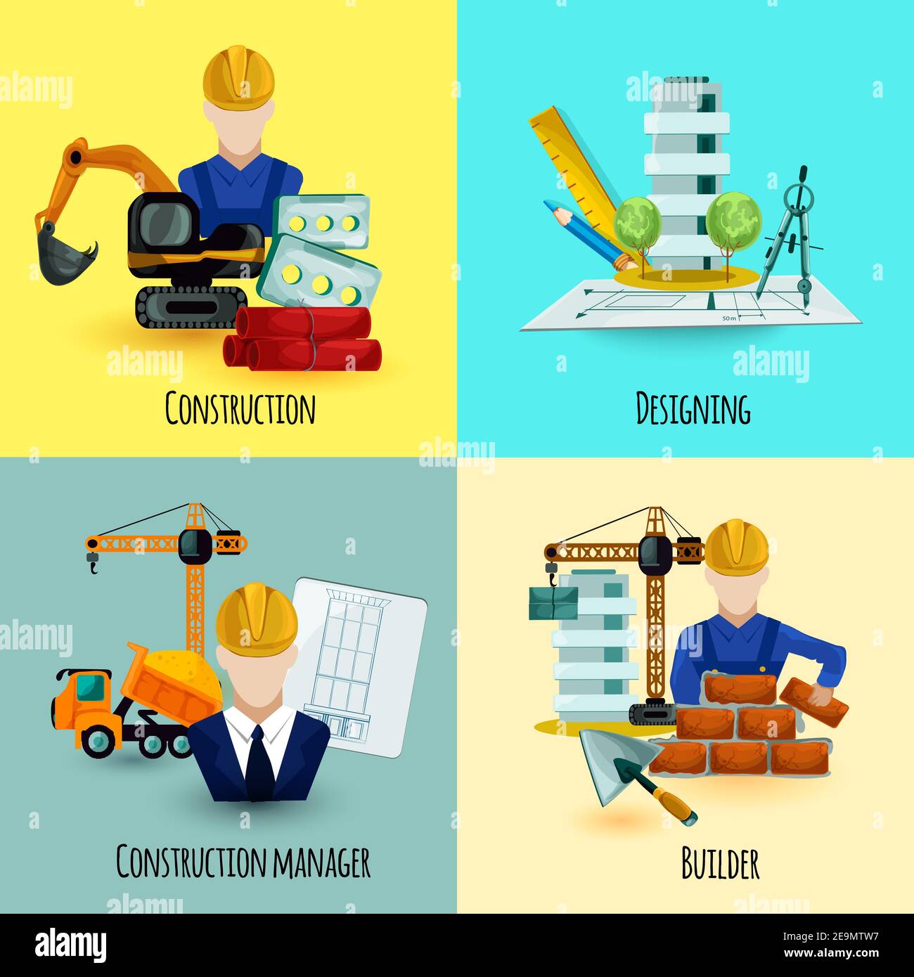 Architect design concept set with construction manager and builder ...