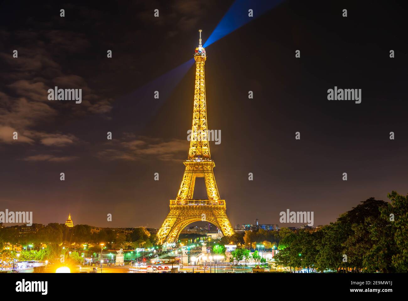 The famous Eiffel Tower at night, with its golden dress, from the Trocadero, in Paris, France Stock Photo