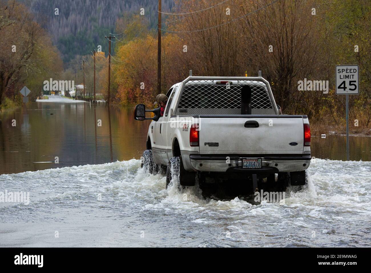 Pickup truck on road through Skokomish Valley during late autumn flood