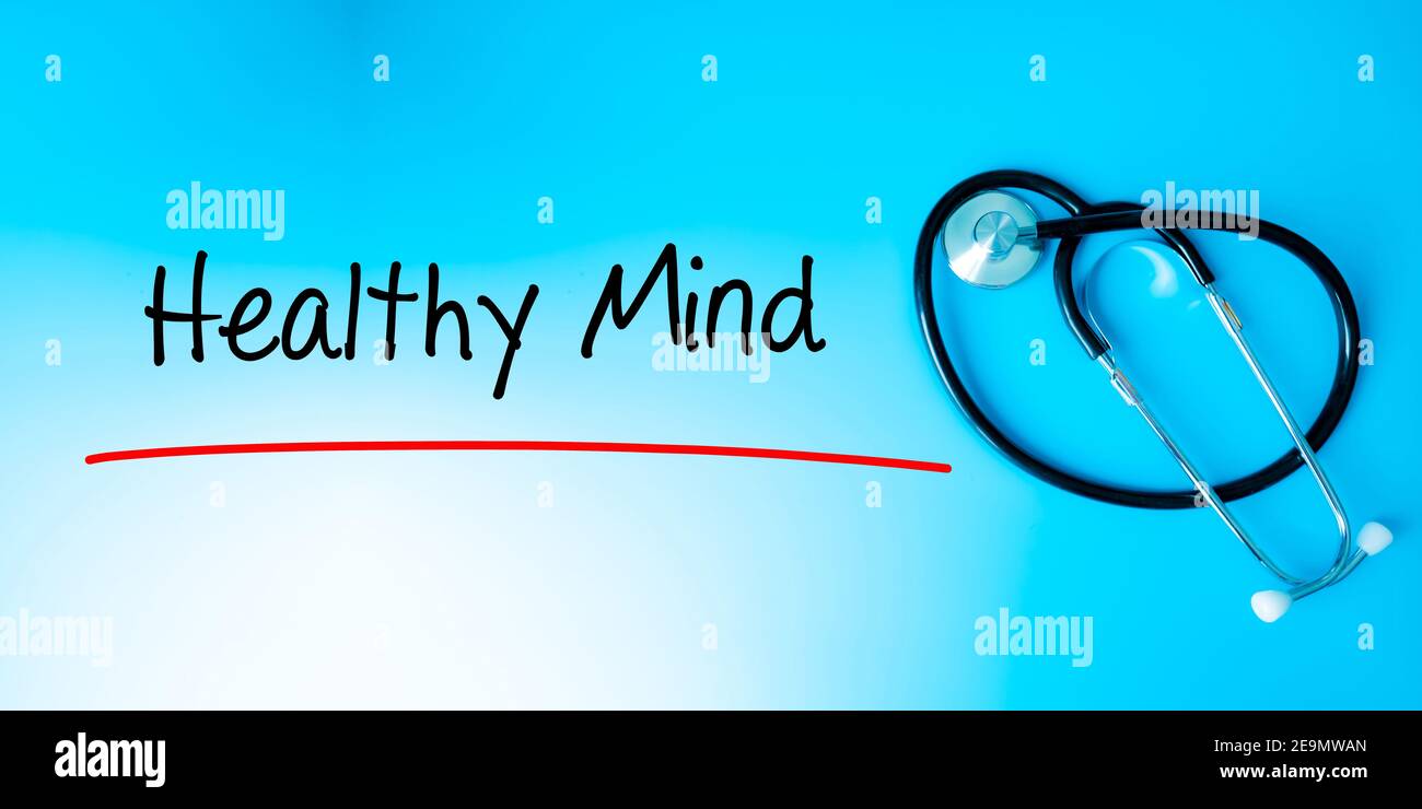 Healthy Mind Sign.Text underline with red line. Isolated on blue background with stethoscope. Health concept Stock Photo