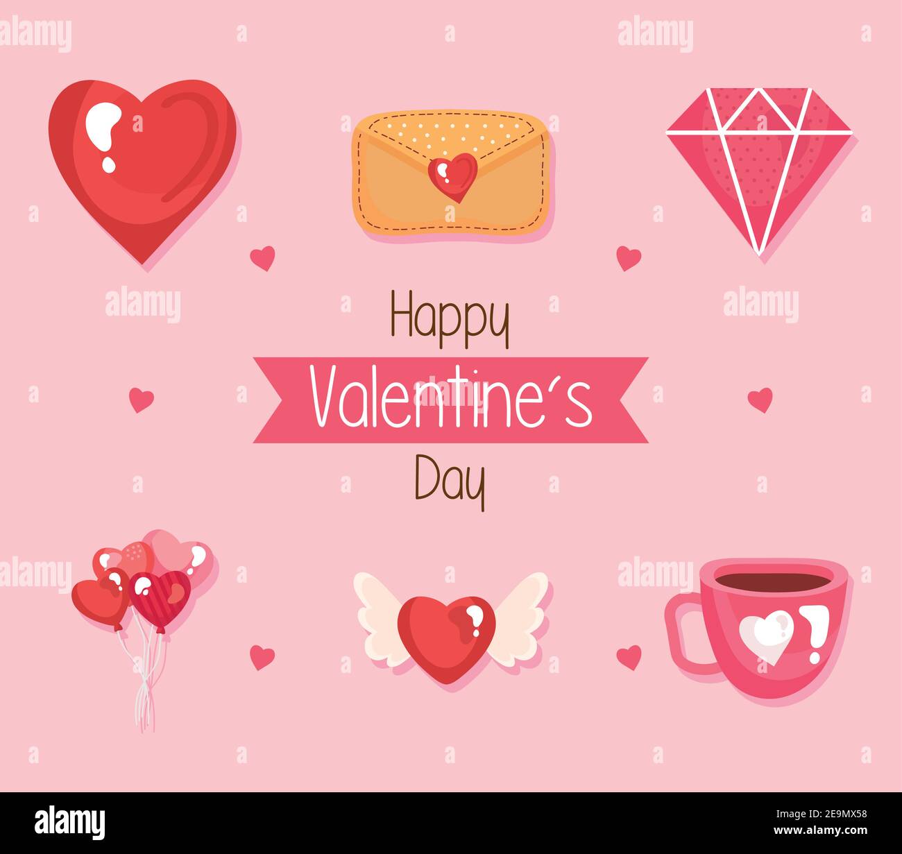 bundle of six happy valentines day set icons and lettering in ribbon ...