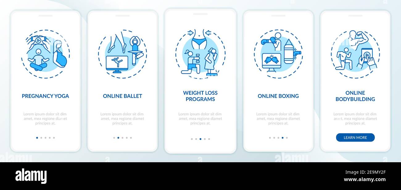 Online workout programs onboarding mobile app page screen with concepts Stock Vector