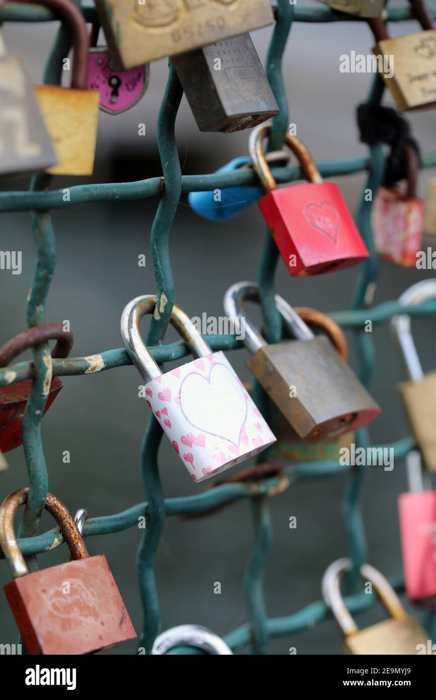 Lovelocks in Zürich, Switzerland. March 2020. Plenty of locks symbolizing love, happiness, relationship and staying together forever. Perfect holiday! Stock Photo