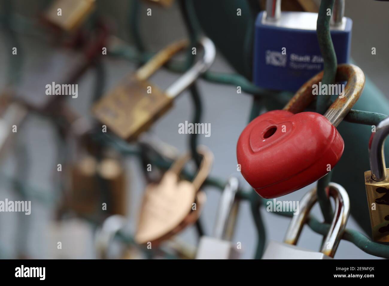 Lovelocks in Zürich, Switzerland. March 2020. Plenty of locks symbolizing love, happiness, relationship and staying together forever. Perfect holiday! Stock Photo