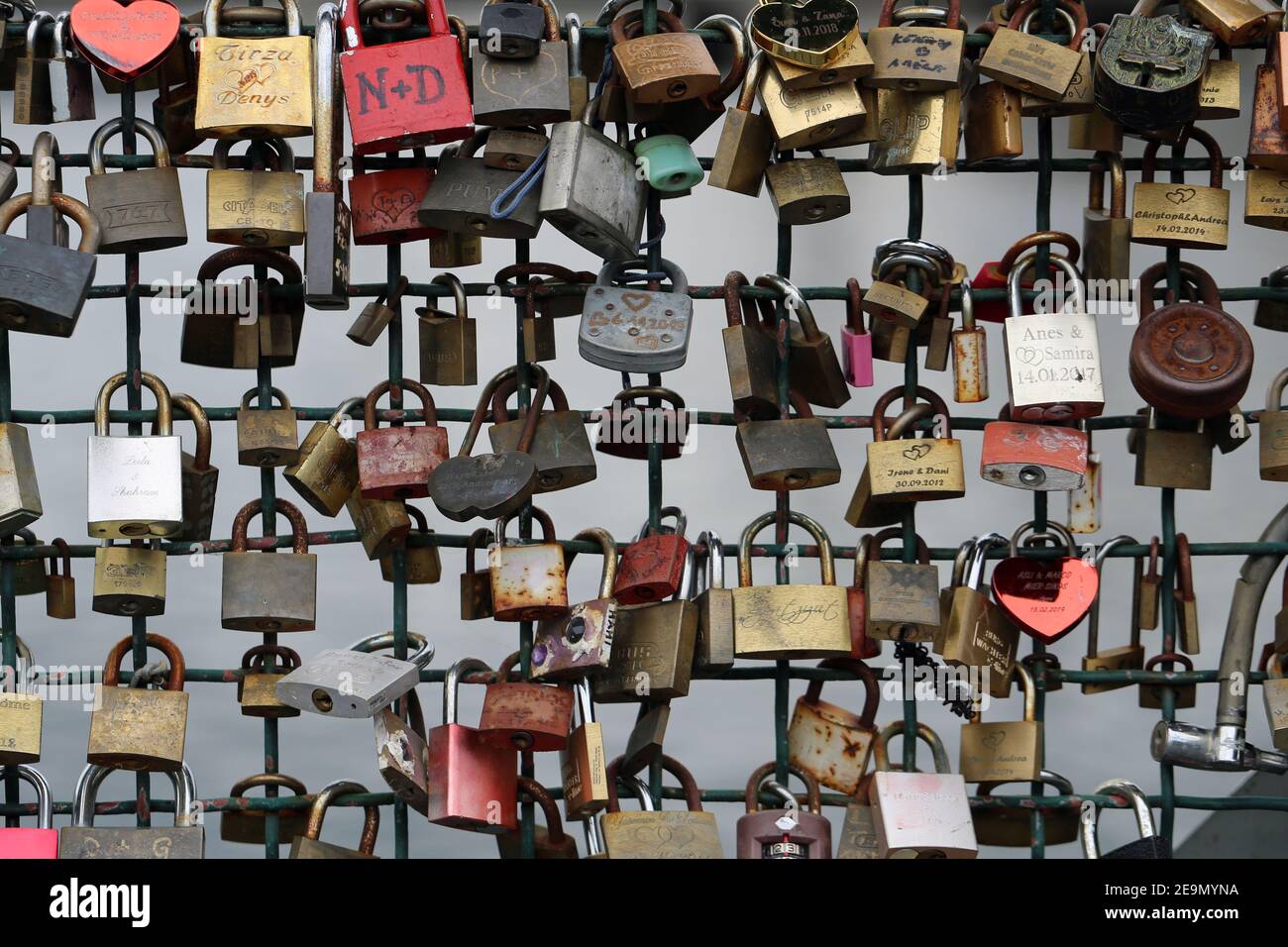 Lovelocks in Zürich, Switzerland. March 2020. Plenty of locks symbolizing love, happiness, relationship and staying together forever. Perfect holiday! Stock Photo