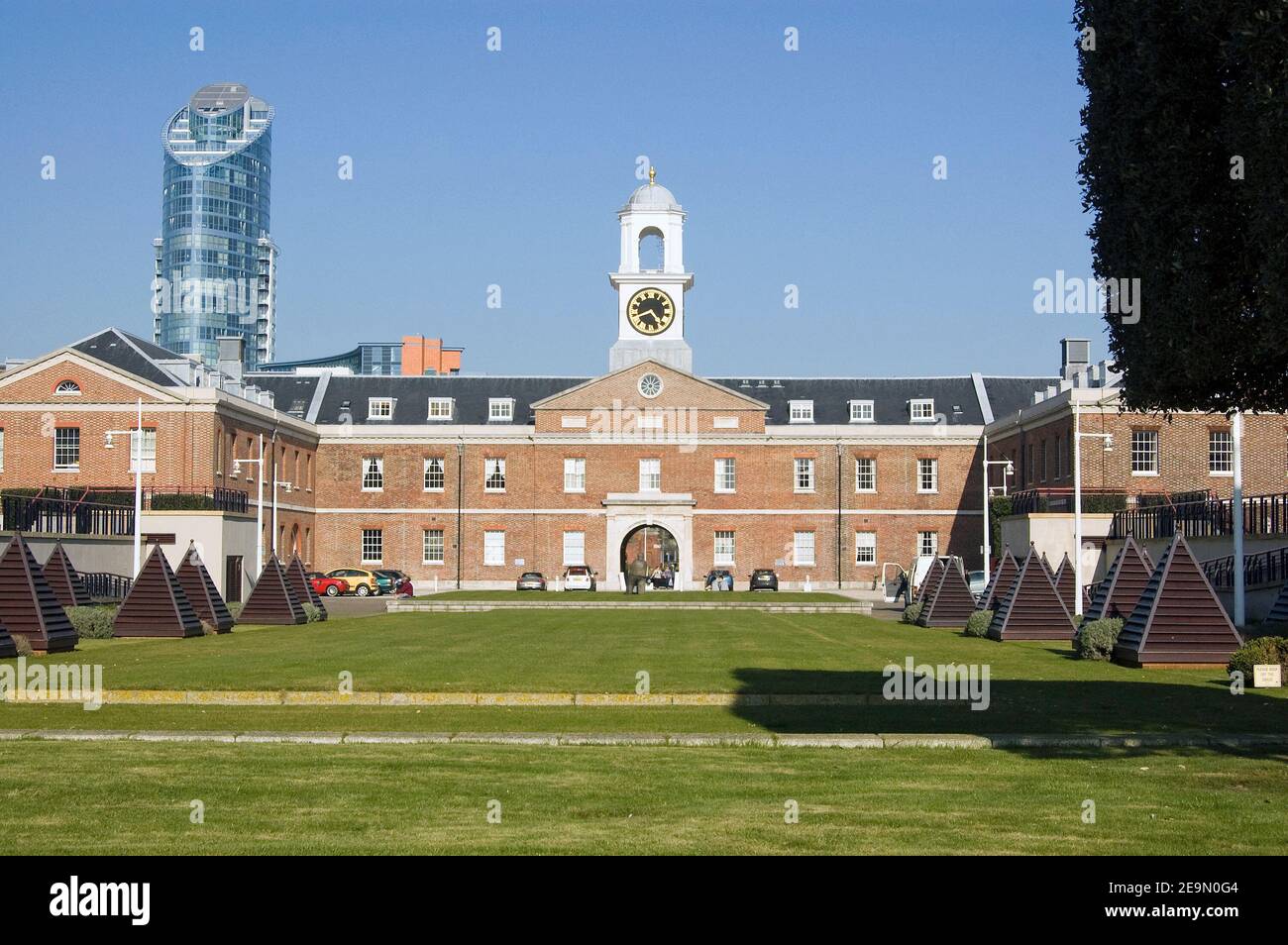 The former Royal Navy Vulcan Building in Portsmouth, Hampshire. Now redeveloped into apartments overlooking the harbour at Gunwharf Quays. Stock Photo