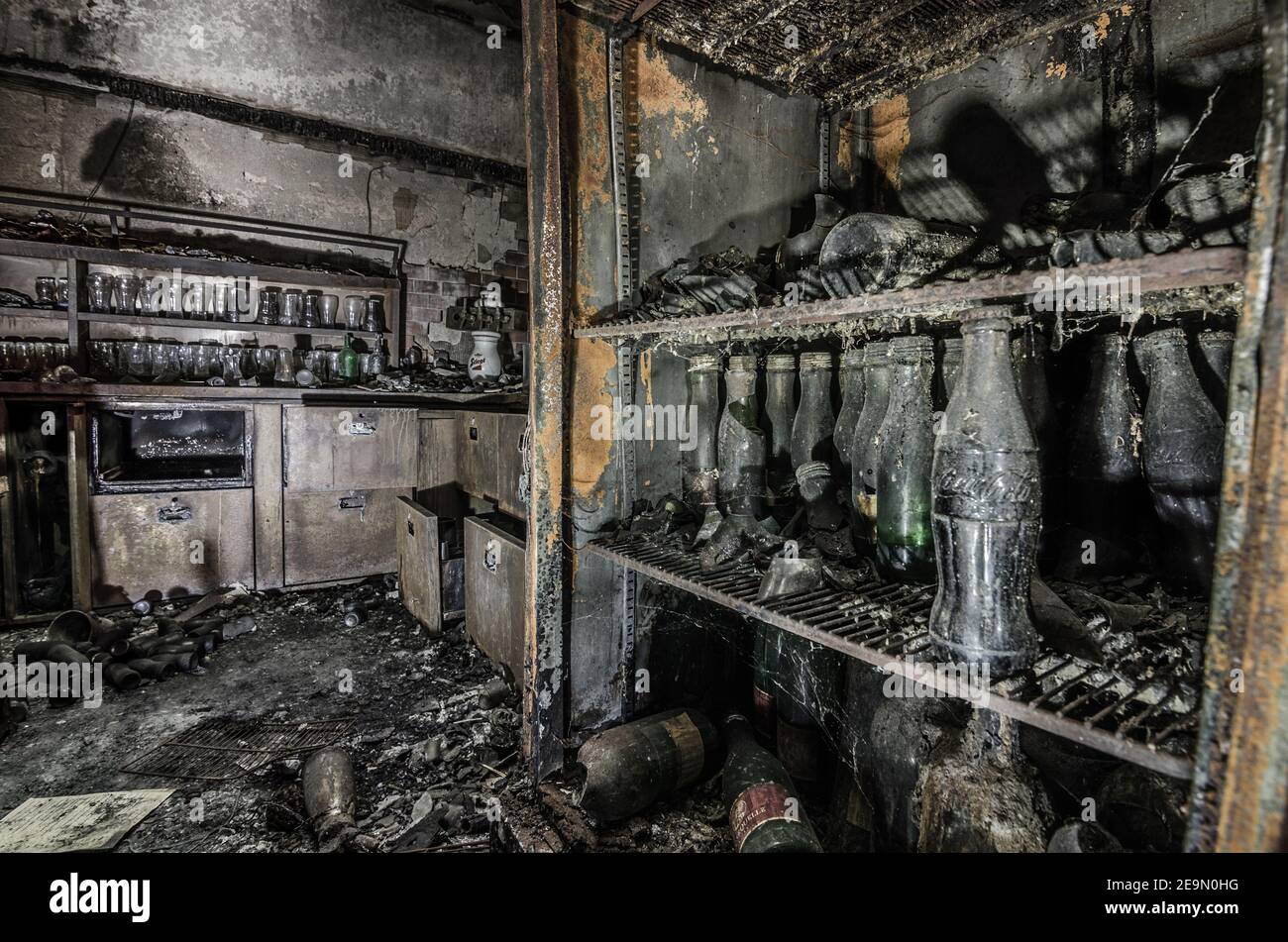 refrigerator with many bottles after a fire Stock Photo Alamy