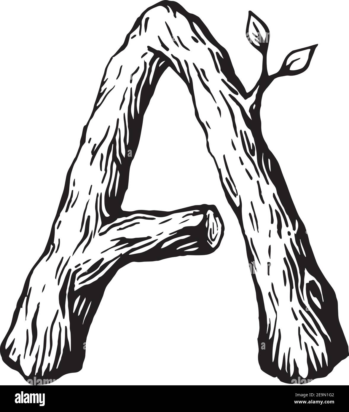 Black engraving Letter A made of wood with leaves on the white