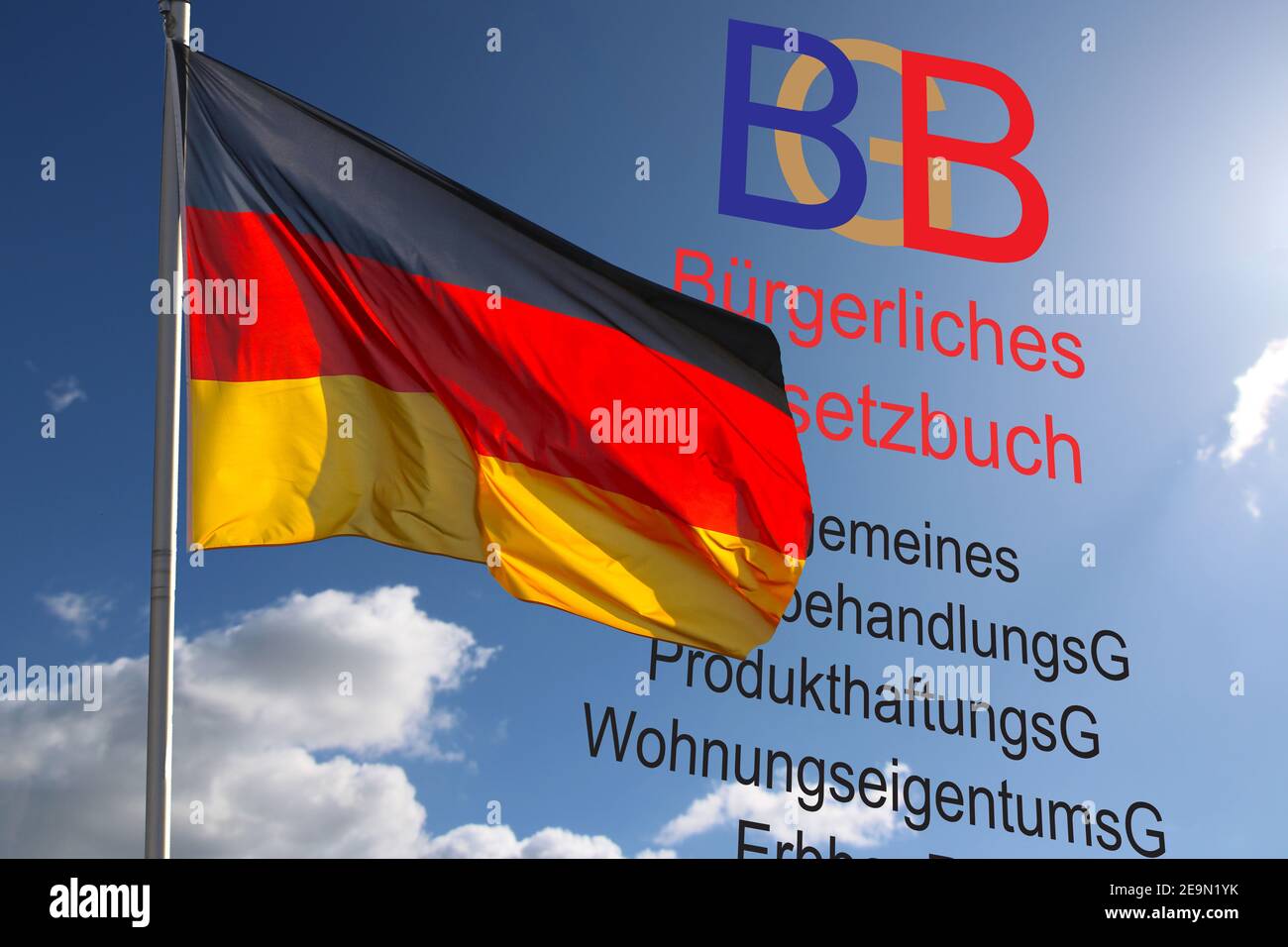 Symbol picture: German Civil Code (BGB) in front of blue sky with Germany flag Stock Photo
