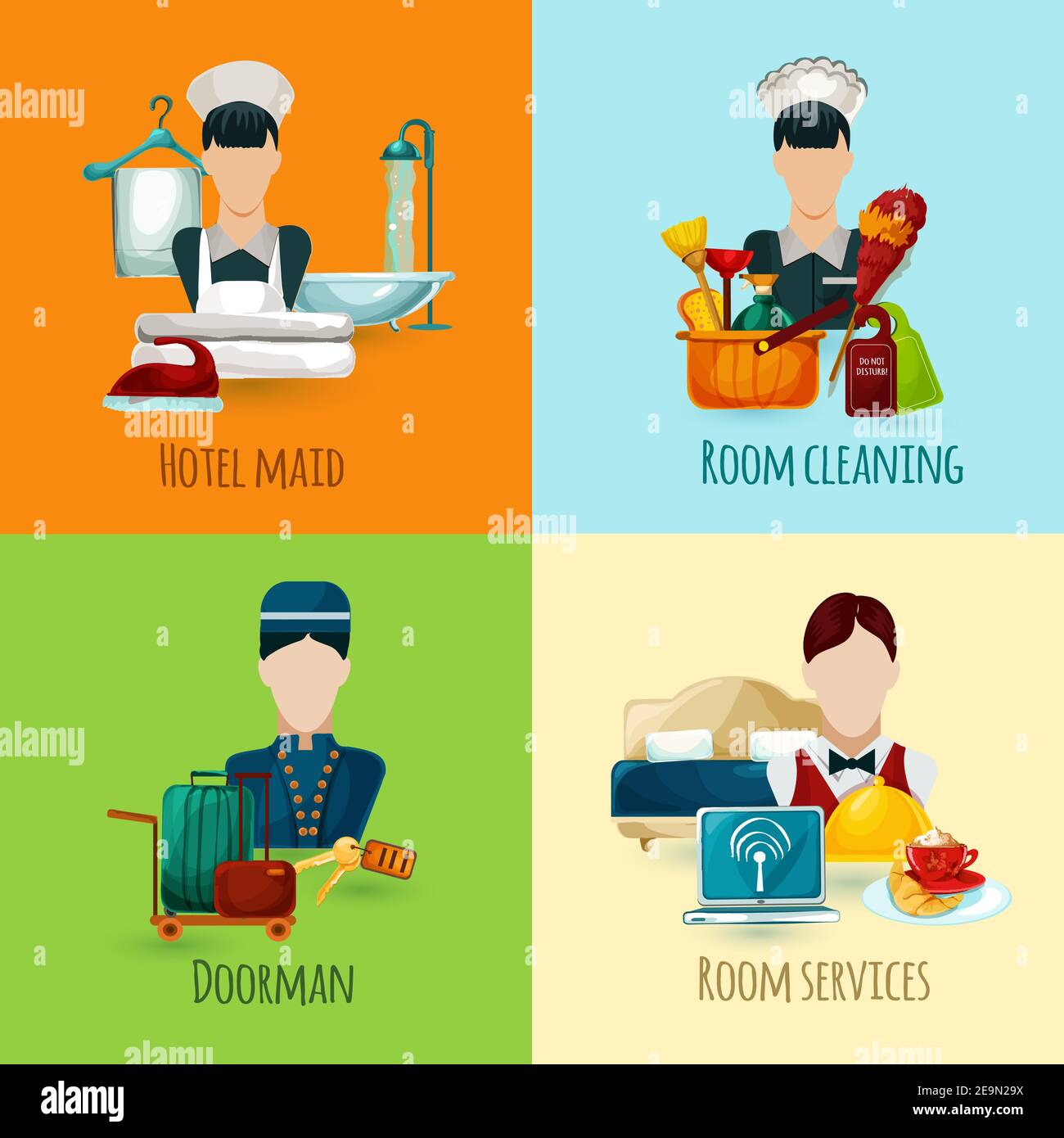 Hotel maid and doorman design concept set with room cleaning service