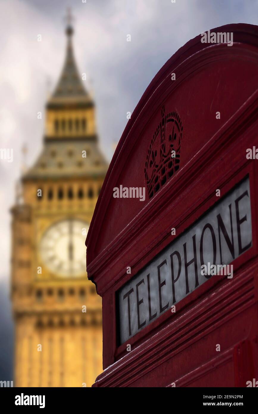 Big Ben and red phone box, London, UK. Stock Photo