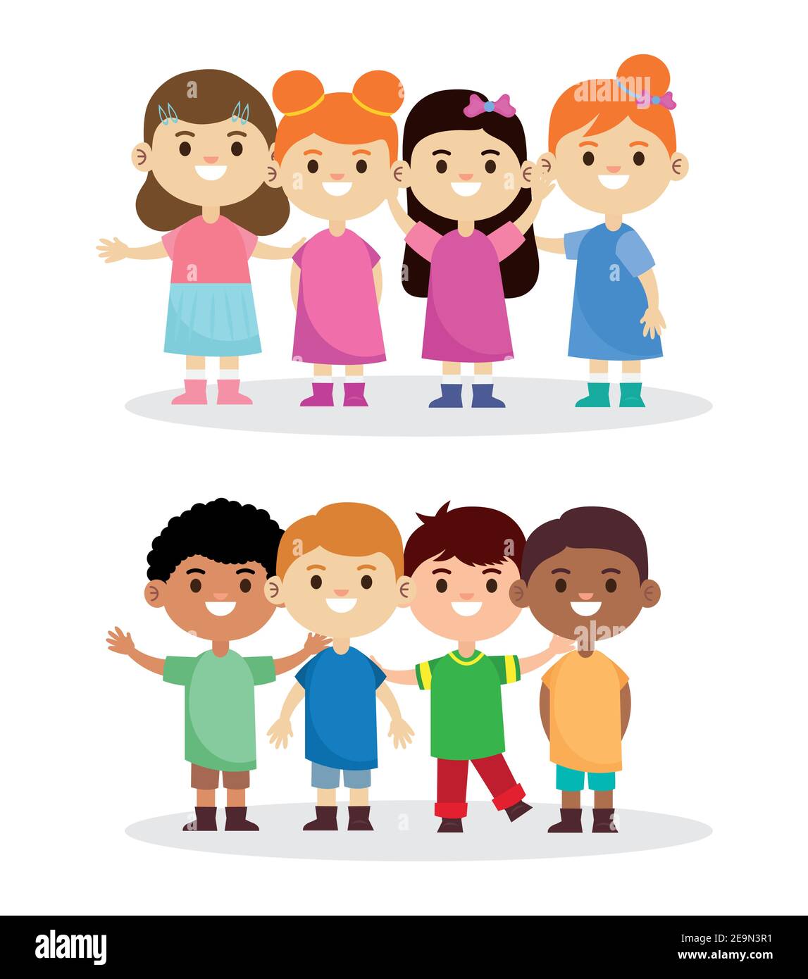 group of eight interracial happy little children characters Stock