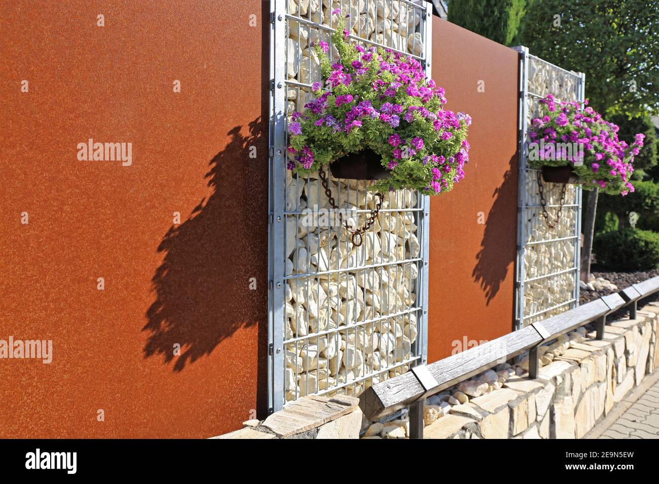 Close up of a gabion as a modern and high quality privacy screen and