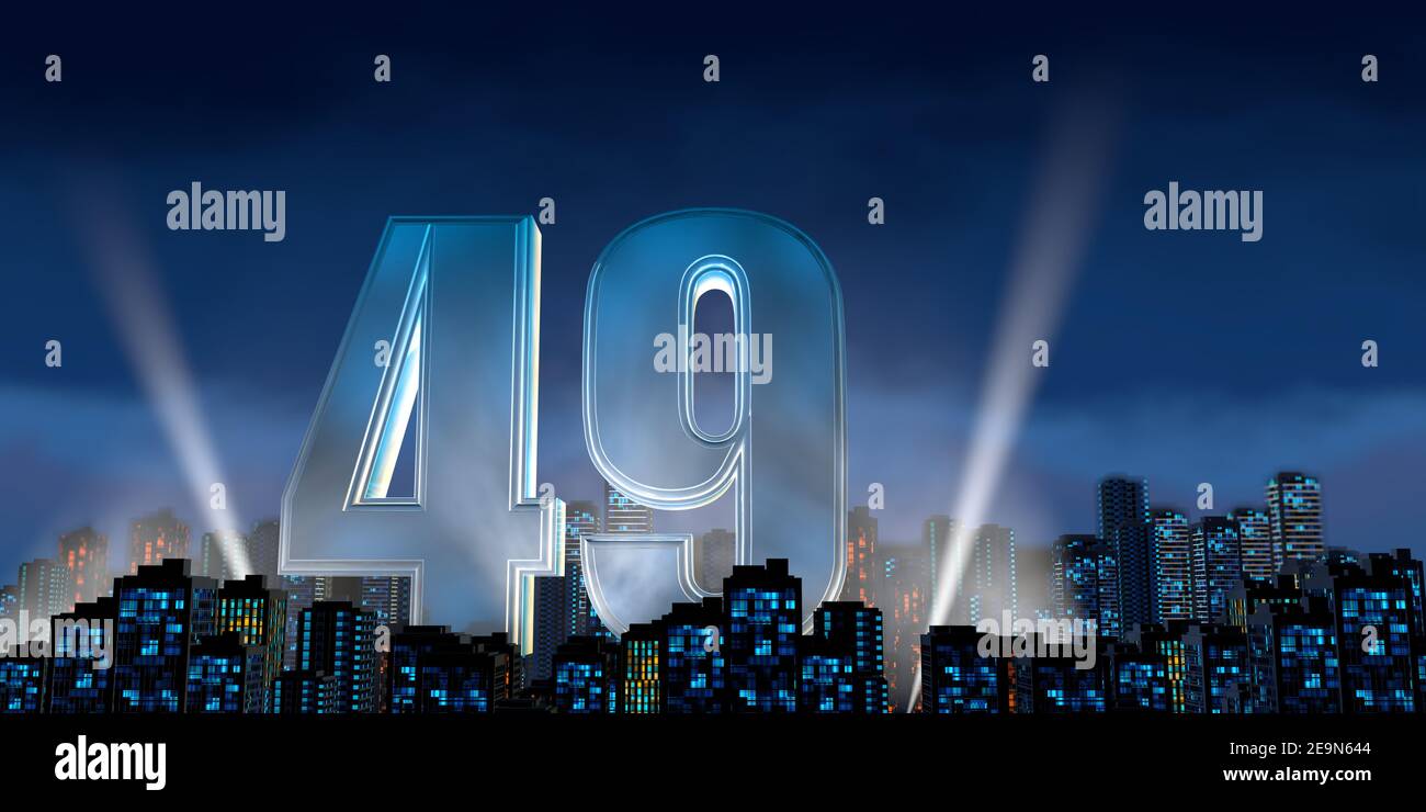 Number 49 in thick blue font lit from below with white light reflectors floating in the middle of a city center with tall buildings with blue lights o Stock Photo