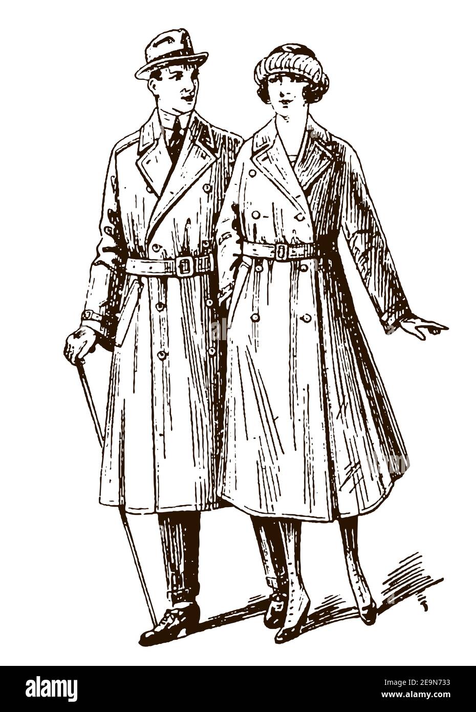 Woman and man from the early 20th century wearing antique raincoats and taking a walk Stock Vector