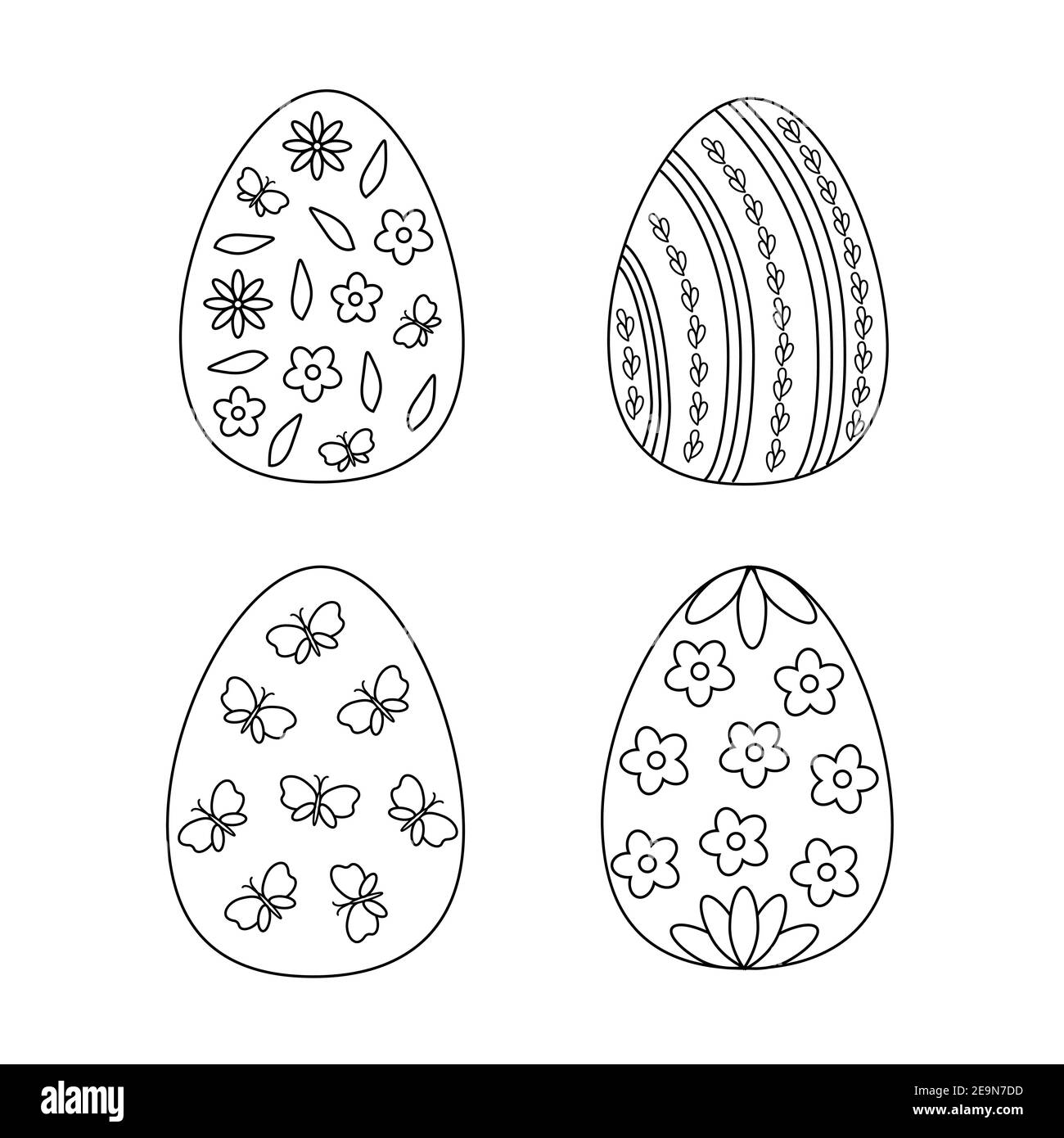 Easter holiday symbol outline decorated eggs set in simple doodle vector illustration for spring festive time decor, coloring page, greeting cards, in Stock Vector