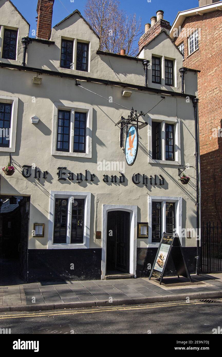 Oxford, UK - March 26, 2012: Exterior of the famous Eagle and Child public house in the middle of Oxford.  The Inklings authors used to drink here inc Stock Photo