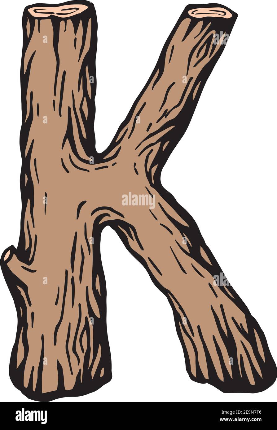 Colored engraving Letter K made of wood with leaves on the white background Stock Vector Image