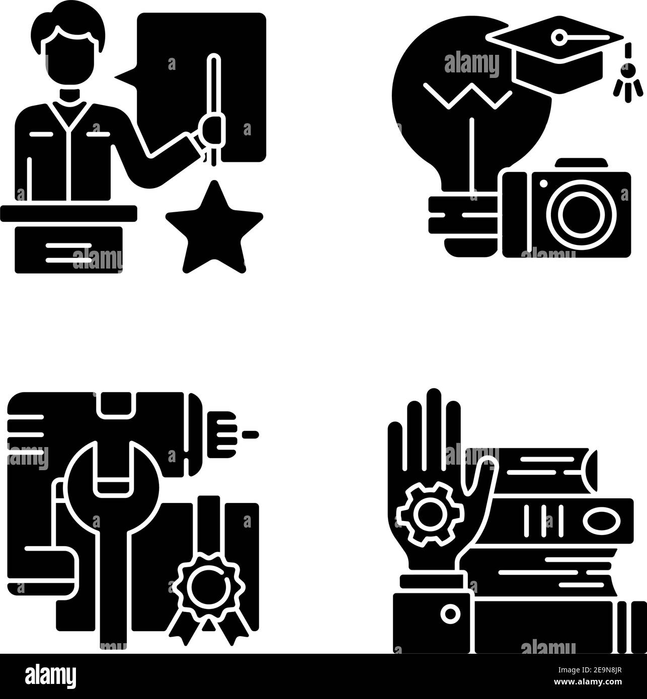 Knowledgeable presenter black glyph icons set on white space Stock Vector