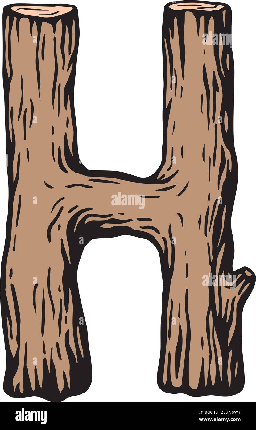 Colored engraving Letter H made of wood with leaves on the white background Stock Vector