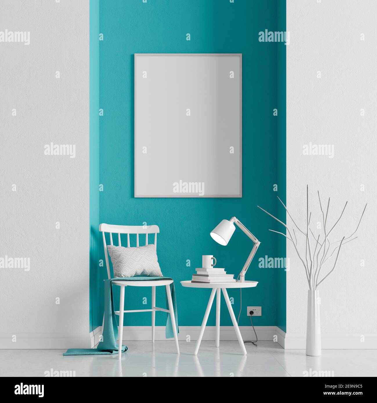White and blue concrete wall with white furniture, minimal interior design, 3d render 3d illustration Stock Photo