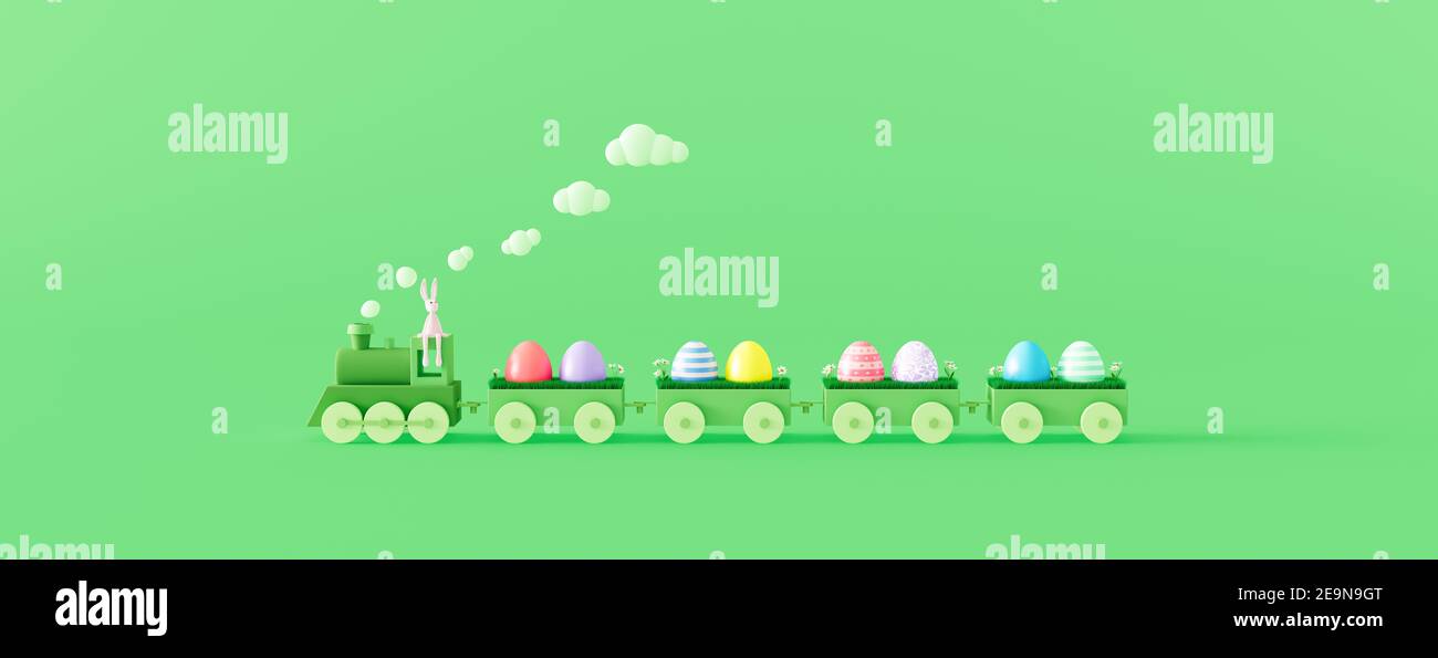 Cute Easter bunny with green train and wagons filled with colorful Easter eggs. Easter holiday concept on green background 3d render 3d illustration Stock Photo