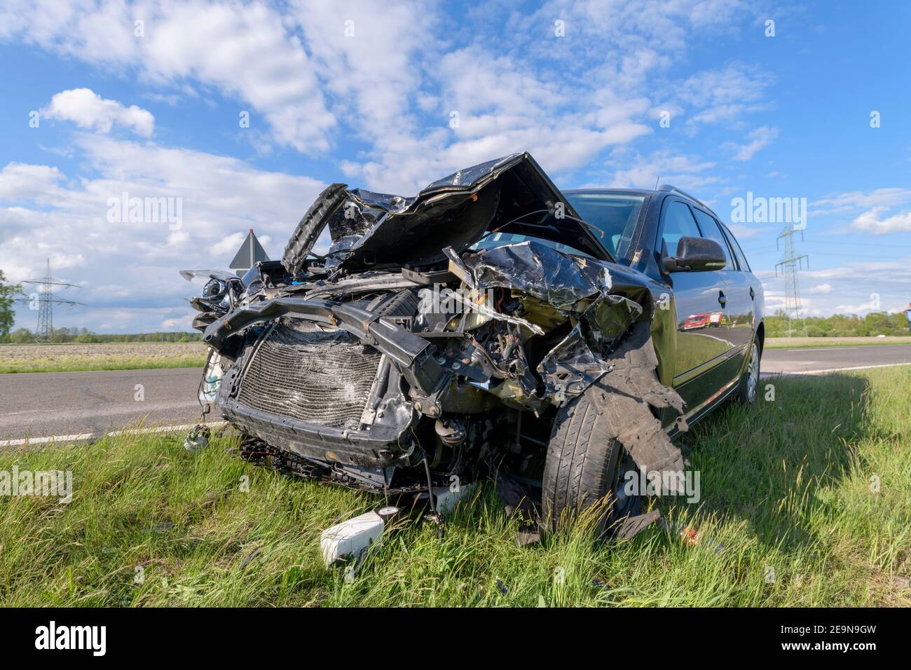 An accident car destroyed in the front area Stock Photo