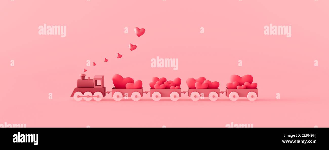 Cute pink train and wagons filled with red hearts. Valentine's day concept on pink background 3d render 3d illustration Stock Photo