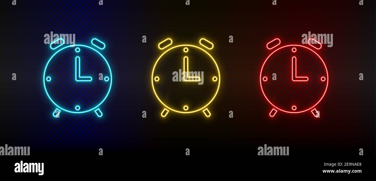 Neon icon set alarm, clock. Set of red, blue, yellow neon vector icon