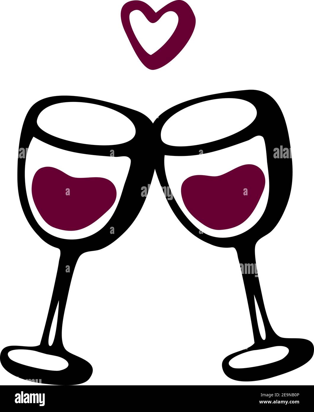 Vector doodle hand drawn sketch black red illustration of two wine glasses couple love drink symbol sign line icon on white background. Valentines day Stock Vector