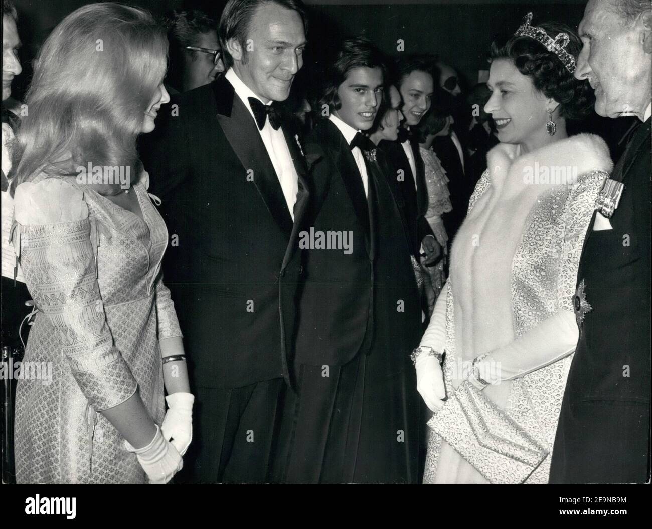 Oct. 10, 1970 - The Queen and Duke of Edinburgh attend premiere of 'Waterloo' at the Odeon Leicester square: This evening The Queen and the Duke of Edinburgh attended the premiere of the film 'Waterloo'' which stars Rod Steiger Christopher Plummer and Jack Hawkins in aid of Soldiers 'Sailors'' and Arman's Families Asation at the Leicester Square Odeon. Photo shows H.M. the Queen seen talking to Christopher Plummer who takes the part of the Duke of Wellington in the film next to him is his wife. (Credit Image: © Keystone Press Agency/Keystone USA via ZUMAPRESS.com) Stock Photo