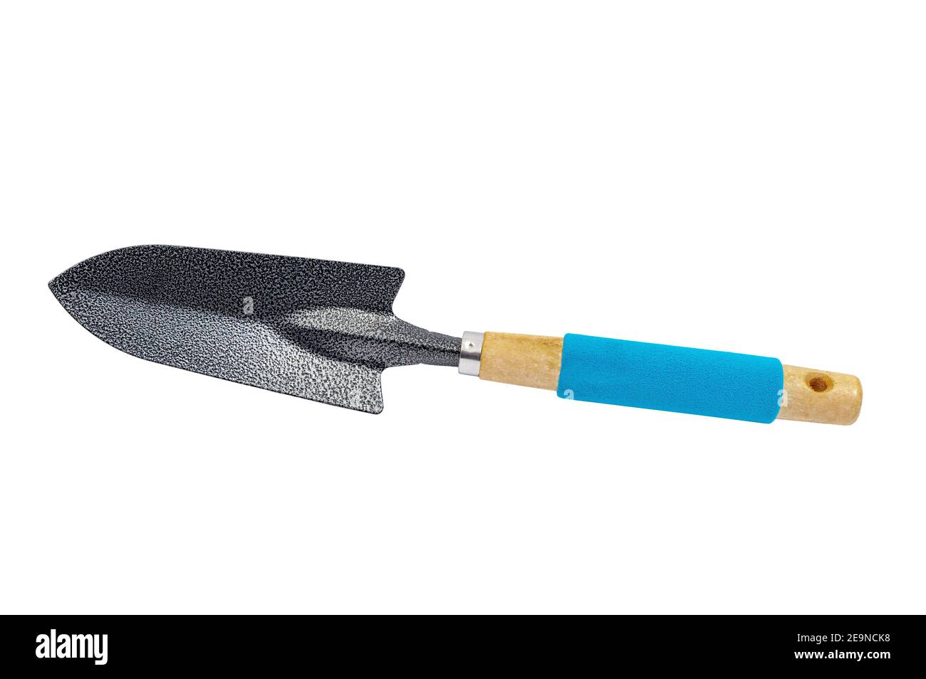 Horizontal shot of a new gardening trowel on a white background. Stock Photo