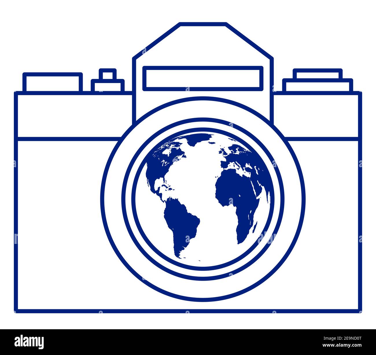 Illustration of the photographic camera and globe. Elements of this image furnished by NASA.  Source of map:  http://visibleearth.nasa.gov/view.php?id Stock Vector