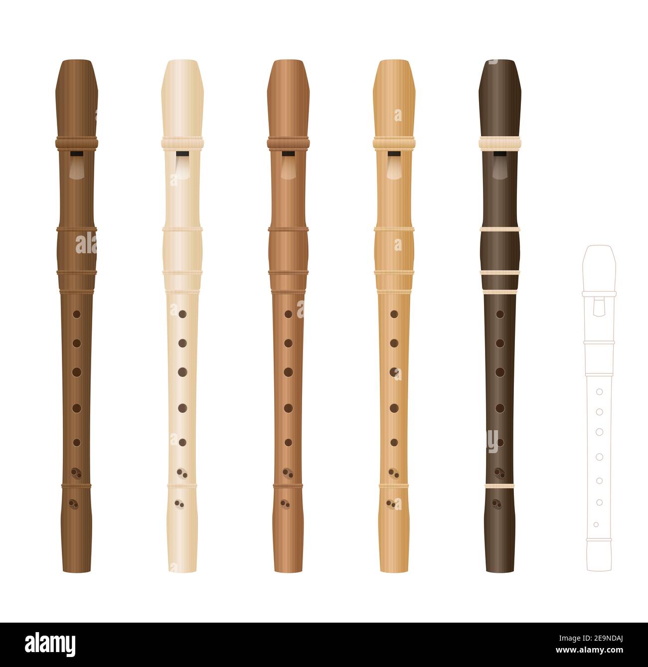 Alto recorders, different wooden textures and colors, realistic three-dimensional music instruments, with smaller soprano recorder by comparison. Stock Photo