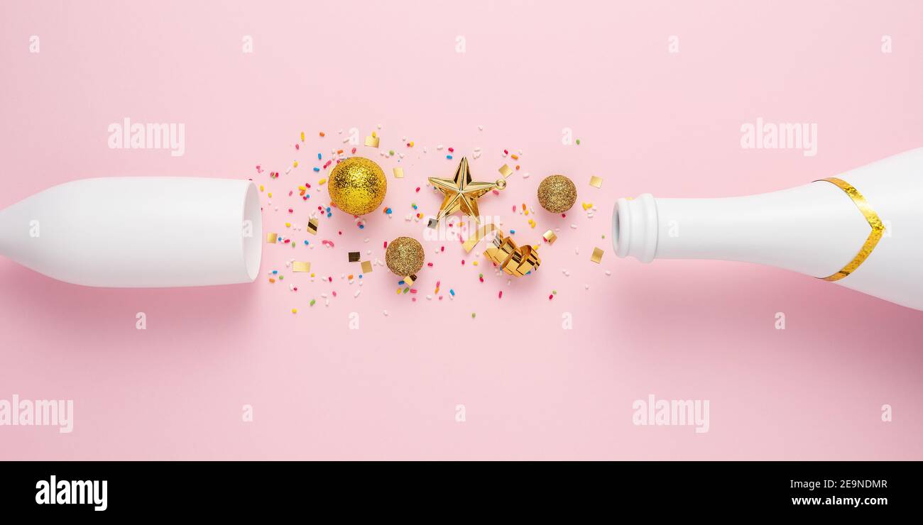 Creative layout with Champagne bottle and Champagne glass. Minimal New ...