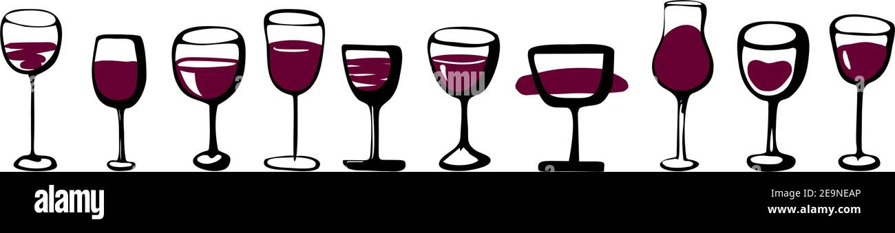 Wine glasses set - collection of sketched doodle watercolor wineglasses and glass silhouette. Hand drawn glass with red wine inside, isolated ink vect Stock Vector