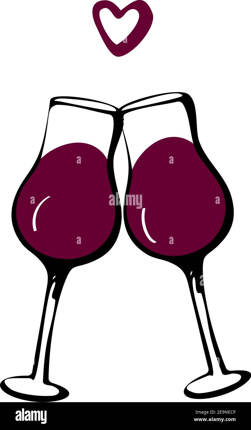 Vector doodle hand drawn sketch black red illustration of two wine glasses couple love drink symbol sign line icon on white background. Valentines day Stock Vector