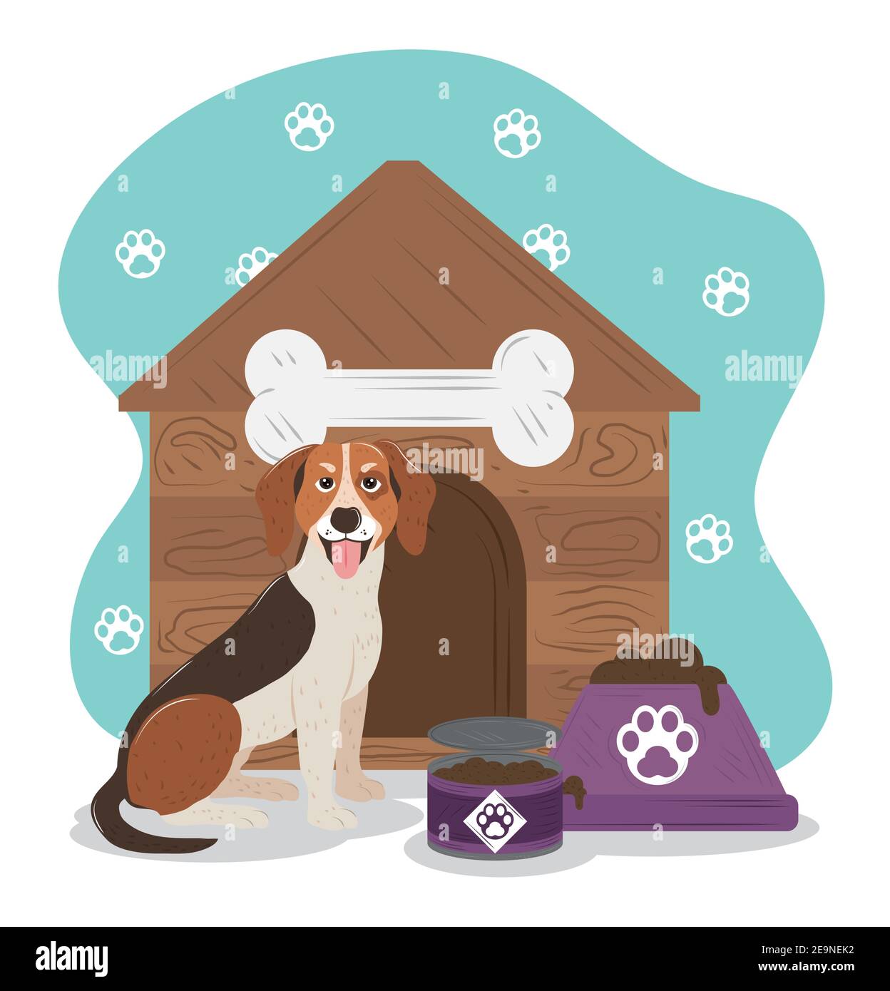 pet dog beagle breed house and bowl with food vector illustration Stock