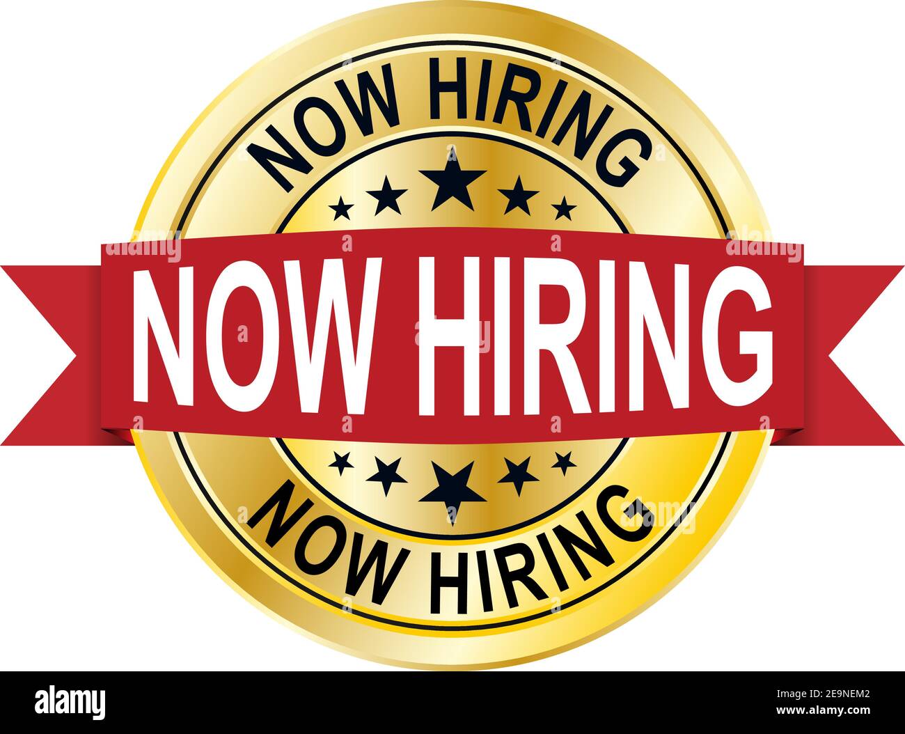 now hiring 3d gold badge with red ribbon. now hiring badge. now hiring