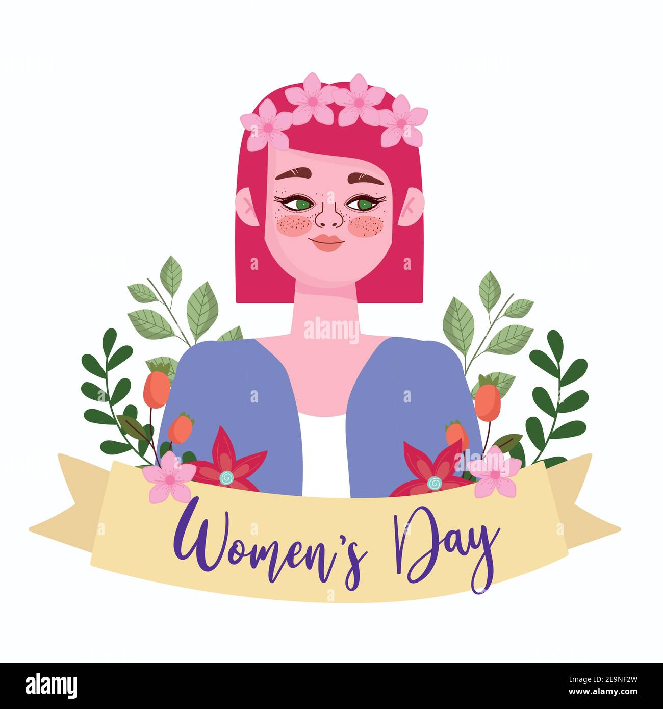 Womens Day beauty girl with pink flowers on her head in cartoon vector ...