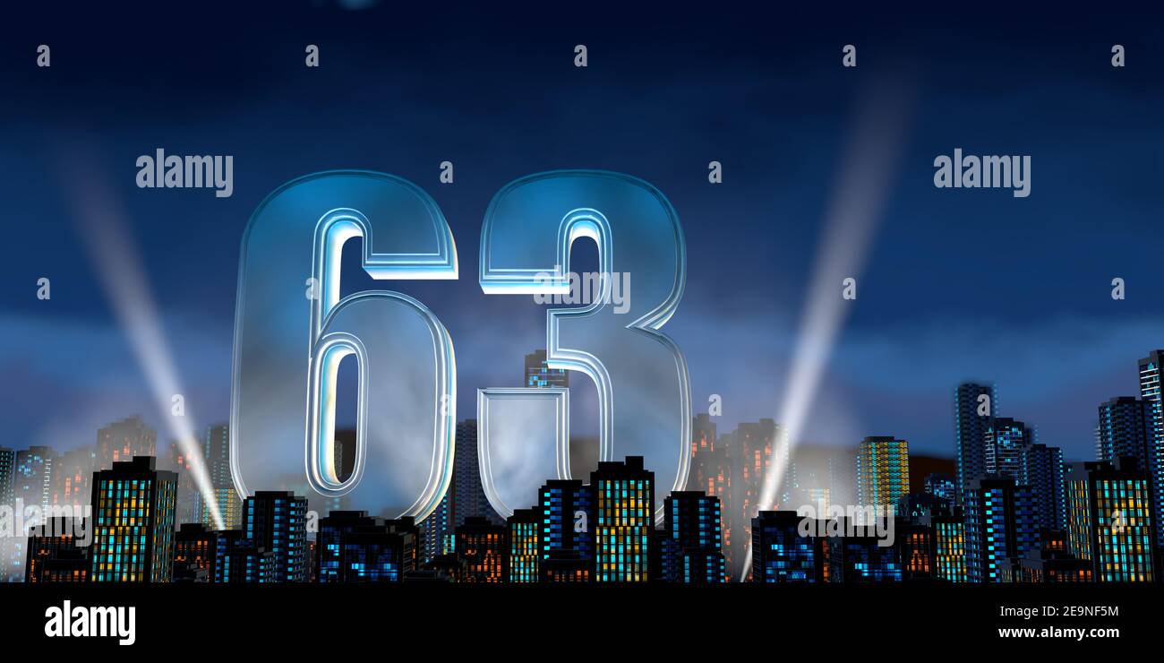 Number 63 Blue Number 63 in thick blue font lit from below with white light reflectors ...