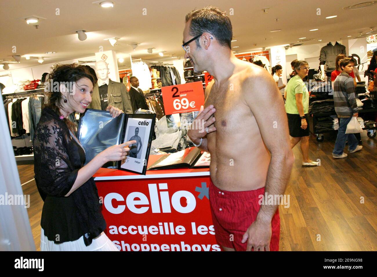 French clothes brand Celio launches a new way of trying out clothes. The  Forum des Halles boutique provides several 'Shoppenboys' of differents  sizes for female shoppers. They can choose the size that